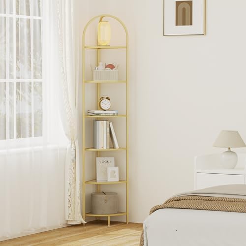 Homhedy 6-Tier Gold Corner Shelf Stand, Metal Corner Bookshelf - Image 7