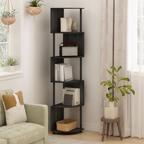 Furinno ECON Corner Shelf, 5-Tier Corner Book Shelf, Zigzag Storage Shelves, Display Rack, Bookshelf, for Organization and Storage, Living Room, Home Office, Espresso - Image 2