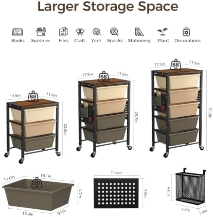 Rolling Cart with 4 Drawers, Plastic Drawer Storage Carts with Wheels & Wooden Tabletop, Metal Utility Cart with Pegboards, Office Living Room Classroom Craft Organization and Storage, Dark Brown - Image 3