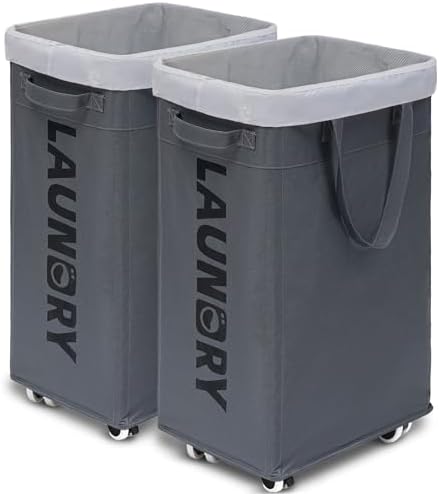 Goodpick 2-Pack Laundry Basket with Wheels & Wash Bag, Hamper for Dorm, 75L by Goodpick