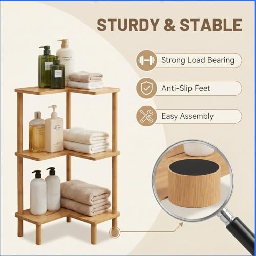 Corner Shelves Shower Caddy Stand 3-Tier,Bamboo Space Saving Shower Organizer,With Anti-Slip Feet,Bathroom Shelves for Inside Shower,Large Capacity,Storage in Showers, Kitchens and Living Room - Image 6