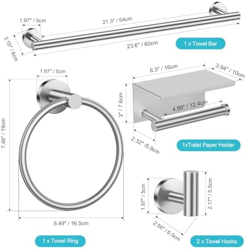 TURS Brushed Nickel 5-Piece Bathroom Hardware Set Towel Bar Set SUS304 Stainless Steel Towel Racks for Bathroom Wall Mounted, 23.6-Inch - Image 7