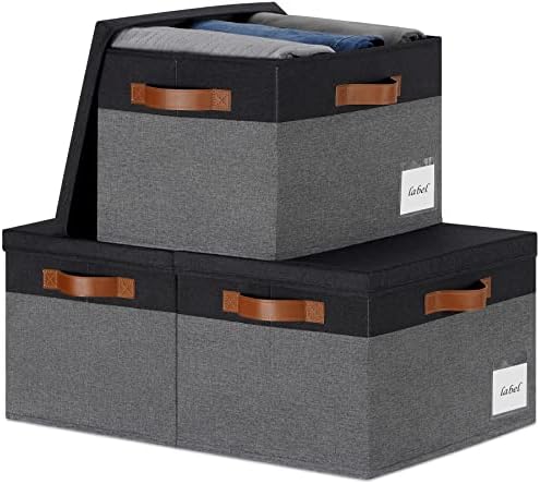 Large Storage Bins with Lids, Foldable Fabric Storage Baskets with Lids, Sturdy Storage Boxes with Labels and 3 PU Handles for Closet Home Bedroom Office (26L, 3 Packs, Grey&Black) by PFFVRP