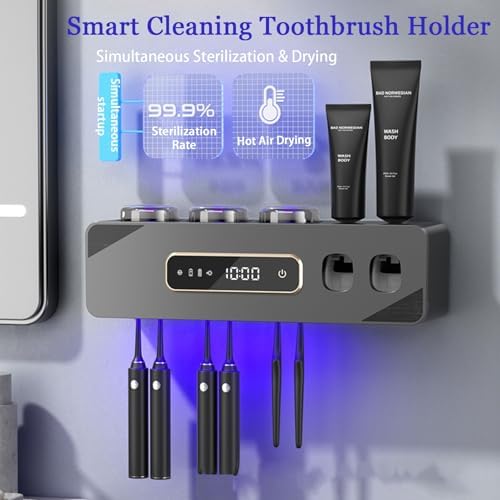 Automatic Toothpaste Dispenser,Rechargeable Toothbrush Holders for Bathrooms,3 Cups Electric Toothbrush Holder Wall Mounted with Toothpaste Dispenser Bathroom Decor (Grey) - Image 2