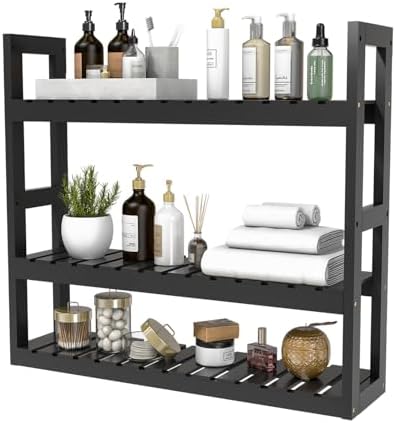 Domax Bamboo Bathroom Shelf 3-Tier Wall Mount Storage Rack Multifunctional Adjustable Layer Free Standing Over Toilet Utility Shelves Living Room Kitchen (Black) by Domax