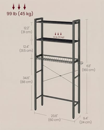 VASAGLE 3-Tier Over the Toilet Storage, Adjustable Shelves, Basket, 63''H - Image 2