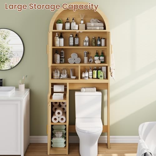 Itaar Arched Over The Toilet Storage Cabinet, 78.7" H Fluted Bathroom Organizer with Reversible Side Cabinet, Adjustable Shelves, Anti-Tipping, Hooks & Paper Holder for Bathroom Laundry Room, Oak - Image 3