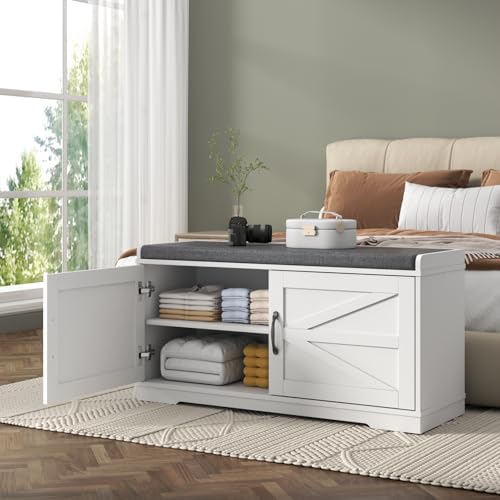 Loomie Shoe Storage Bench, 2-Tier Farmhouse Entryway Bench with Padded Seat Cushion, 13.78" D x 39.37" W x 19.69" H, Slim Shoe Cabinet Bench for Entryway, Living Room, Bedroom (White) - Image 4