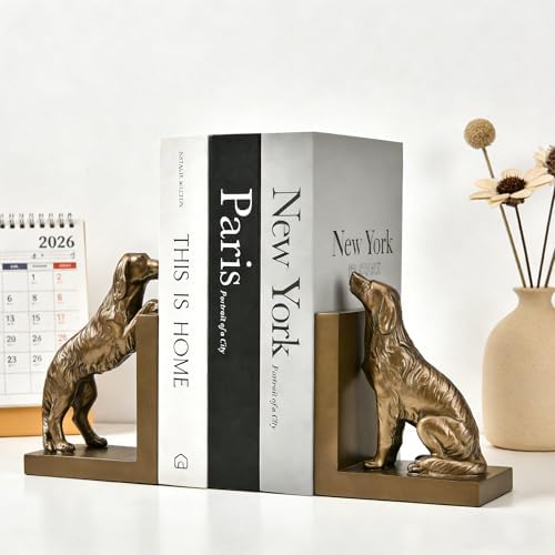 1 Pair Dog Bookends for Shelves, Vintage Resin Bookends for Heavy Books, Home Office Desk Decor, Golden Retriever Book Ends (Gold Dog) - Image 4