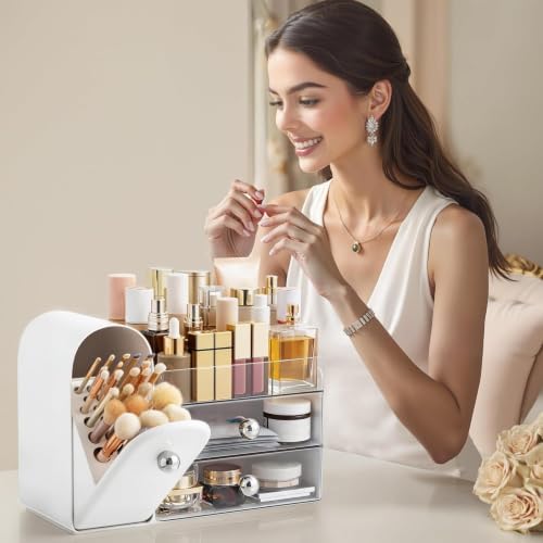 HBlife Makeup Organizer Countertop with Drawers, Vanity Organizers with Brush Holder, Bathroom Counter Organizer for Perfume, Nail Polishes, Lipsticks, Skincare and Eyeshadow Palettes, White Sliver - Image 6