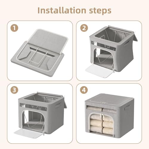 FHSQX 6 Pack Foldable Storage Bins for Clothes Clothes Storage Bins with Metal Frame Stackable Storage Box with Lid (Light Grey, 19.7x15.7x13.8 inch (70L)) - Image 6