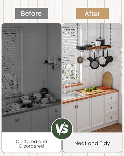 CHOEZON 31.7-Inch Hanging Pot Rack, Space-Saving Pot Hanger for Kitchen, Ceiling Pan Hanging Rack with 16 Detachable S Hooks, Sturdy Metal Frame, Industrial Style, Rustic Brown and Black TPR09BF - Image 5