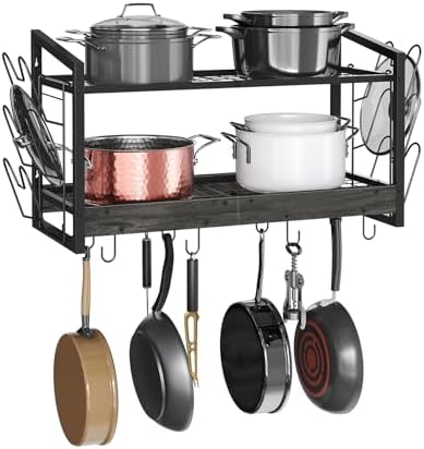 CHOEZON Hanging Pot Rack, Pot Rack Wall Mounted, 2-Tier Kitchen Pot and Lid Organizer, Wall-Mounted Cookware Holder with 12 Hooks, for Kitchen Storage of Pots, Pans, Utensils, Charcoal Black TPR02BC by Choezon