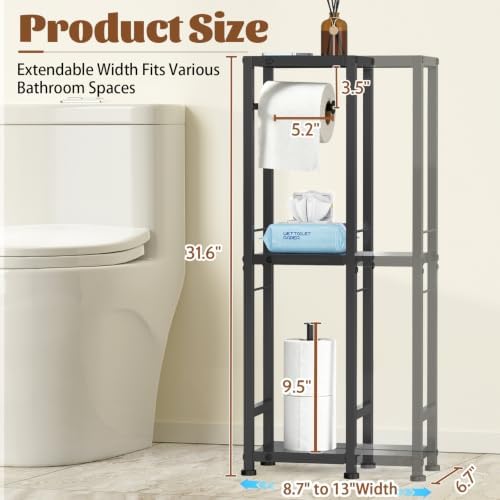 3-Tier Toilet Paper Holder Stand with Storage Shelf, Expandable Width 8.7"-13", Metal Freestanding Slim Floor Standing Toilet Tissue Rack Scroll Stand Roll Dispenser for Bathroom Narrow Space, Black - Image 2