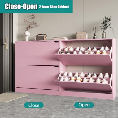 Xixini Shoe Storage Cabinet for Entryway with 2 Flip Drawers, Wood Freestanding Hidden Shoe Storage, Narrow Slim Sturdy Shoe Organizer for Front Door Entrance, Living Room, Hallway, Bedroom, Pink - Image 3