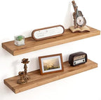 Floating Shelves for Wall Decor, 8" Deep Rustic Solid Elm Wood Floating Shelves Wall Mounted, Wall Shelves with Invisible Bracket for Living Room Bathroom Bedroom Kitchen, 32 Inch Set of 2, Natural by FLYJOE