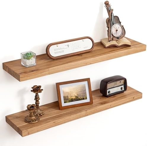 Floating Shelves for Wall Decor, 8" Deep Rustic Solid Elm Wood Floating Shelves Wall Mounted, Wall Shelves with Invisible Bracket for Living Room Bathroom Bedroom Kitchen, 32 Inch Set of 2, Natural by FLYJOE