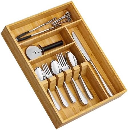 Yofidra Bamboo Silverware Organizer, 16.3″x12.24″x2.6″ Kitchen Utensil Drawer Organizer, Silverware Tray for Drawer with Fixed Slots for Spoons, Forks & Knives, Natural by Yofidra