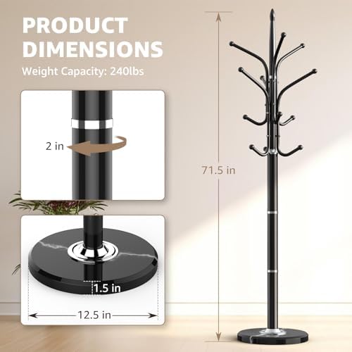 HzTinT Heavy Duty Coat Rack with Marble Base, 12 Hooks, Adjustable Heights - Image 5