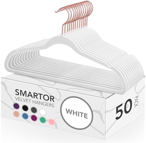 Smartor White Velvet Hangers 50 Pack, Non Slip Rose Gold Hook Felt Hangers by Smartor