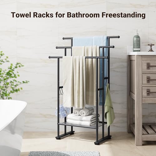 ELYKEN 3 Tier Freestanding Towel Rack with Shelf, 40" H Towel Stand, Black - Image 2