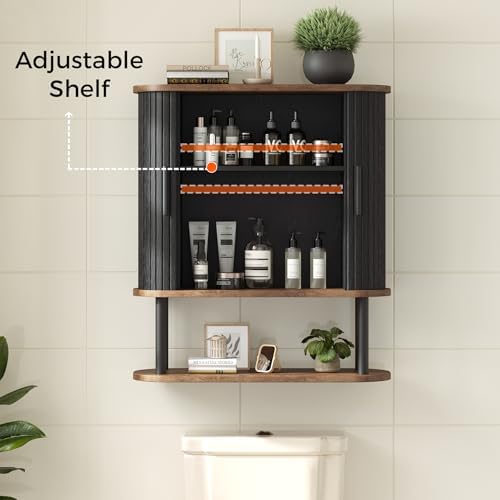 Fluted Bathroom Wall Cabinet with Tambour Sliding Door, Black - Image 6