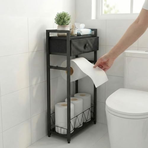 Freestanding Toilet Paper Holder Stand with Storage Drawer, Narrow Bathroom Shelf, Spare Roll Basket, 4-Way Install Paper Arm, Matte Black Space-Saving Rack for Apartments & RVs (Black) - Image 5