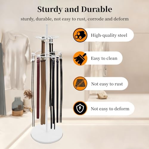 66In Floor Standing Belt Display Stand, Double-Layered Design Belt Hanger with 31 Hooks, Tie Scarf Belt Rack with Adjustable Feet for Home, Boutiques, Clothing Stores, Retail Stores (White) - Image 4