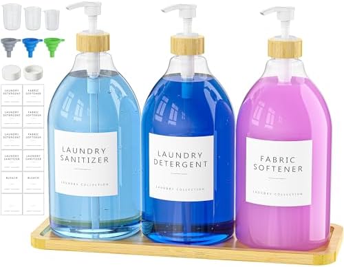 Moforoco 3 Pack White Liquid Laundry Detergent Dispenser with Bamboo Tray, 64 Oz Plastic Laundry Soap Dispenser, Fabric Softener Dispenser with Pump and Labels for Laundry Room Decor and Organization by MOFOROCO