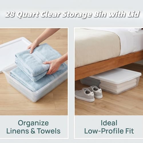 (2 pack) 28 Quart Clear Storage Bin with Lid, Under Bed Storage Container, Low-Profile Stackable Plastic Bin for Clothes, Towels - Image 2