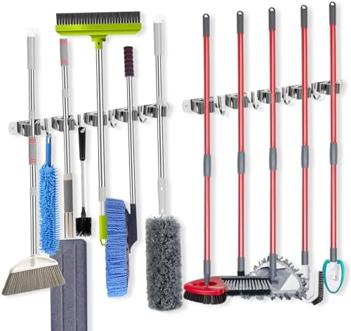 voze [2 Pack] 5 Racks and 4 Hooks Mop and Broom Holder Wall Mount, Self Adhesive Heavy Duty Broom Organizer Storage Tool Racks for Kitchen Garden Laundry Garage, 304 Stainless Steel, Silver by voze
