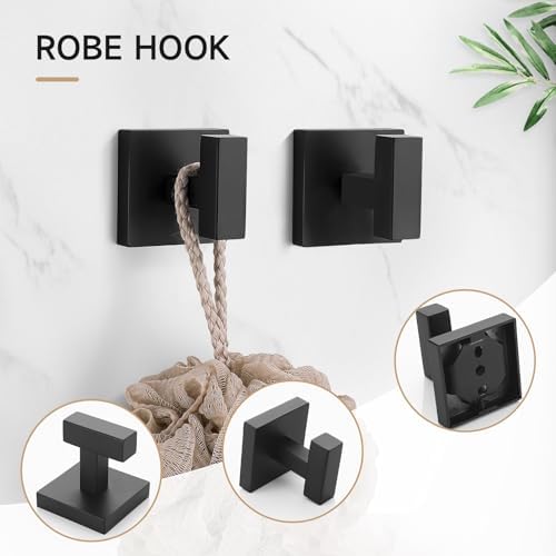 TQKAG Matte Black Bathroom Hardware Accessories Set 10 Pieces, 23.6" SUS304 Stainless Steel Towel Bar Set Wall Mounted Includes Single Towel Bar, Towel Ring, Toilet Paper Holder, Double Towel Hooks - Image 2