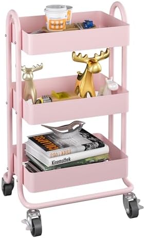 MIOCASA 3-Tier Metal Utility Rolling Cart, Heavy Duty Multifunction Cart with Lockable Casters, Easy to Assemble, Suitable for Office, Bathroom, Kitchen, Garden by MIOCASA