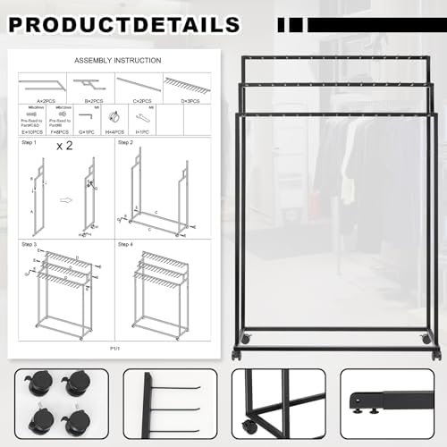 Yaocom Floor Mounted Belt Hanger, Metal Men Closet Display Stand Organizer with Wheels, Ties Scarf Rack Shawls Purse Shelf Storage Holder for Clothing Bedroom Store, 150 x 100 x 40 cm - Image 5