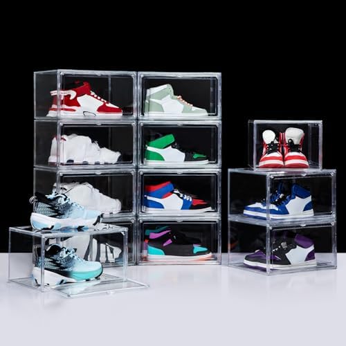 NYZE 12 Pack Acrylic Shoe Boxes Side Open, Clear Shoe Box Plastic Stackable, Shoe Storage Organizer with Magnetic Door, Shoe Display Shoe Containers with Lids Fits Up to Size 15 by GIVEYOUTHEBEST