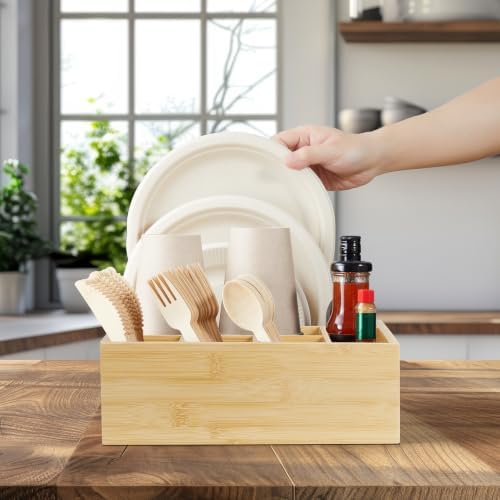 ALELION Bamboo Utensil Holder for Party, Paper Plate Organizer for Countertop, Silverware Caddy with 6 Compartments for Plates, Cups, Forks, Spoons, Napkins, Cutlery Holder for Kitchen Camping Buffet - Image 3