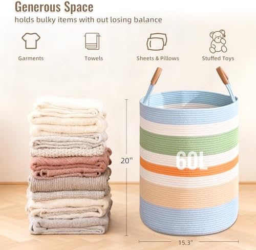 Large Laundry Basket, Laundry Hamper with Leather Handles, 60L Woven Dirty Clothes Hamper, Rope Hampers for Bedroom, Barthroom, Rainbow - Image 4