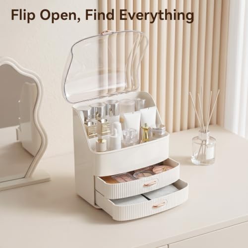 Makeup Organizer Countertop for Vanity with Lid and 2 Drawers, White - Image 3