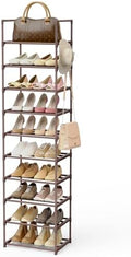 Tall 10 Tier Shoe Rack - 20-24 Pair Storage, Sturdy Metal Shoe Organizer with Hooks for Closet, Entryway, Brown by WEXCISEforTidyingHouse