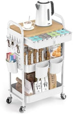 ALVOROG 3 Tier Metal Rolling Cart with Drawer,Wood Top,Pegboards,White by ALVOROG