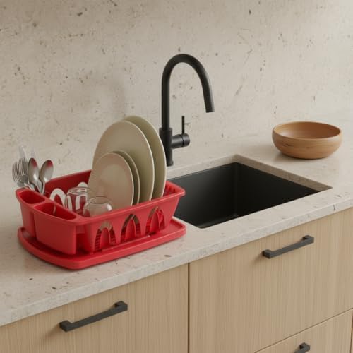 Tribello Sink Dish Drying Rack, Heavy Duty Hard Plastic Sink Set with Drainer (Red) - Image 5