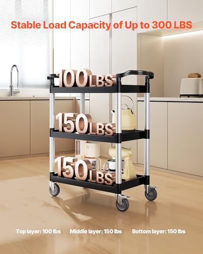 VEVOR Utility Cart, 300 lbs Load Capacity, 3-Tier Utility Plastic Cart with 360° Swivel Wheels (2 with Brakes), 24.4 x 16.1-inch Food Service Cart for Warehouse, Office, Home, Restaurant, Kitchen - Image 2