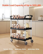 VEVOR Utility Cart, 300 lbs Load Capacity, 3-Tier Utility Plastic Cart with 360° Swivel Wheels (2 with Brakes), 24.4 x 16.1-inch Food Service Cart for Warehouse, Office, Home, Restaurant, Kitchen - Image 2