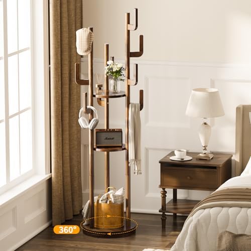 Yoobure Rotary Coat Rack Freestanding - Solid Wood Coat Tree with 9 hooks & 3 Storage Shelves for Purse, Bag, Jacket, Hat, Corner Hanger Stand Racks for Hall, Entryway, Office, Modern Clothes Holder - Image 2