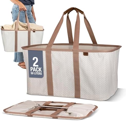 CleverMade Collapsible Laundry Baskets, 50L LUXE Tote 2 Pack, Cream by CleverMade