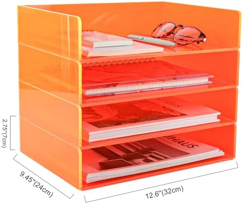 Gelite Acrylic File Organizer for Desk 4 Tiered Stackable Letter Tray Office Paper Storage Desktop Document Sorter, Neon Orange - Image 2