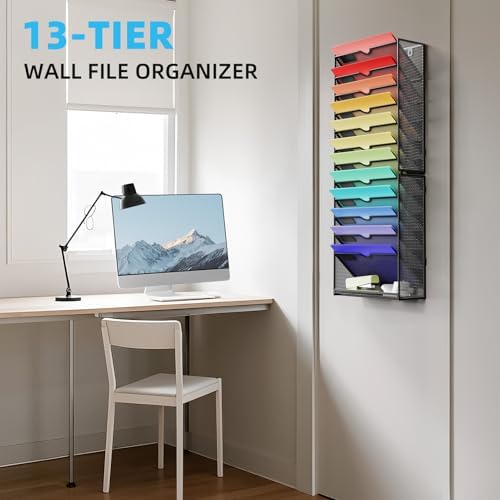 Marbrasse Wall File Holder 13-Tier Hanging Wall File Organizer, for Papers, Files Clipboard & Magazine Organizer, Wall Mount File Holder Great for Office Home (Black) - Image 4