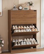 Shoe Storage Cabinet, Wood Shoe Organizer for Entryway with 3 Flip Drawers, Freestanding Shoe Rack with Adjustable Shelf, Narrow Shoe Dresser for Front Door Entrance (Walnut, Standard 3 Drawers) by Boonatu