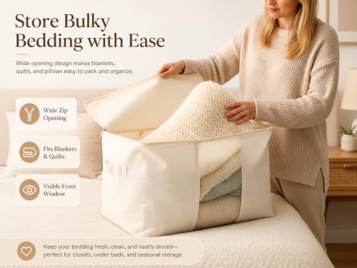 DoYiKe Soft Canvas Clothes Storage Bags with Four Carrying Handles and Clear Window, Closet Organizer for Clothing, Blankets Sheets and Bedding, 55L, 3 Pack, Beige - Image 5