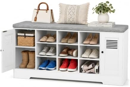 47.2" Shoe Storage Bench with Cushion, 6 Open Cubbies, 2 Cabinet by Unknown